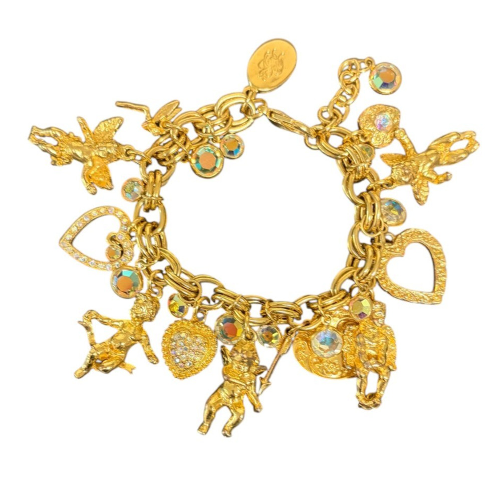 Kirks Folly Gold Tone Charm Bracelet Cupid Hearts Rings Crystals Angel